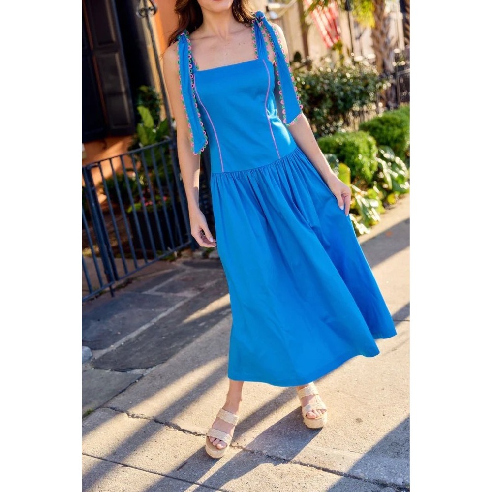 NWT Alden Adair Dress Anna Kate Riviera Blue Tie Shoulder Ric Rac size XS